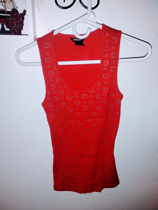 Guess Tops - Guess Red Tank Top with Silver Glitter G's Logo Pattern